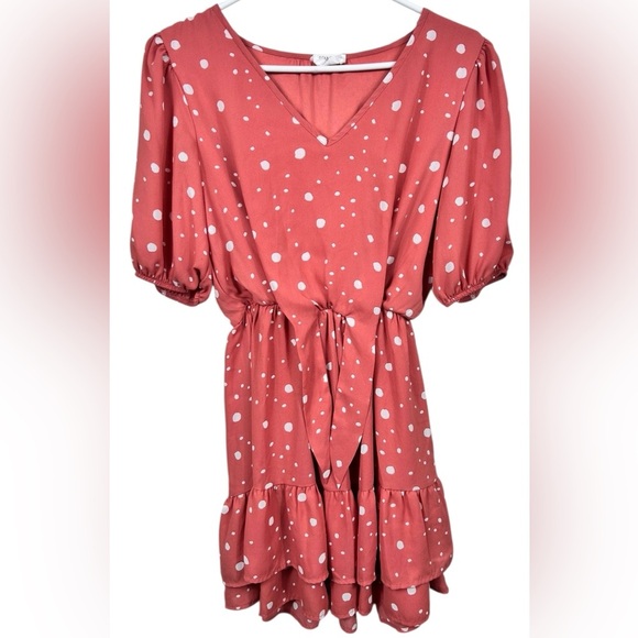 Coral pink mini dress, Small, white polka dots, puff sleeves, tiered, Flowy - Picture 1 of 7